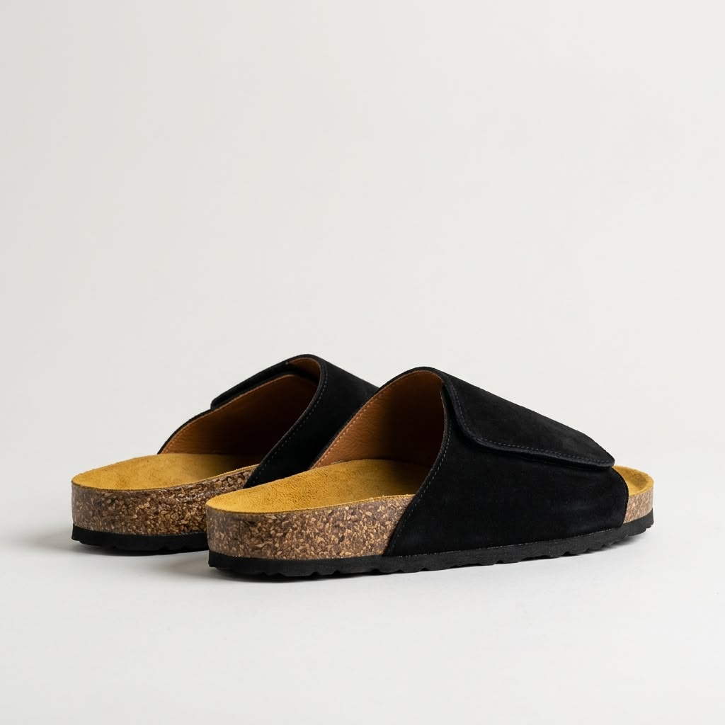 Wide Strap Cork Slides - Black