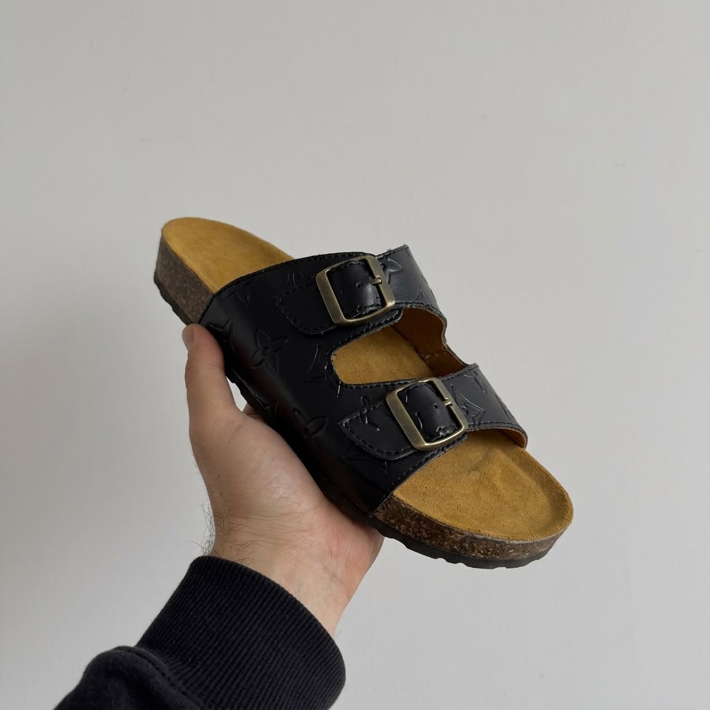 Leather Buckle Slides - Black