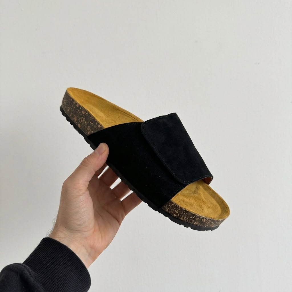 Wide Strap Cork Slides - Black