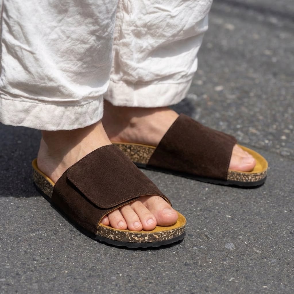 Wide Strap Cork Slides - Brown