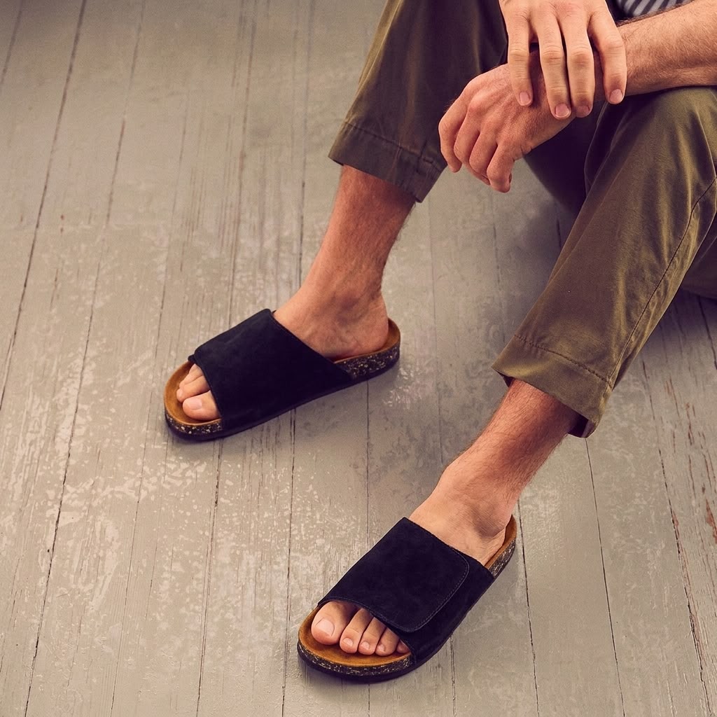 Wide Strap Cork Slides - Black