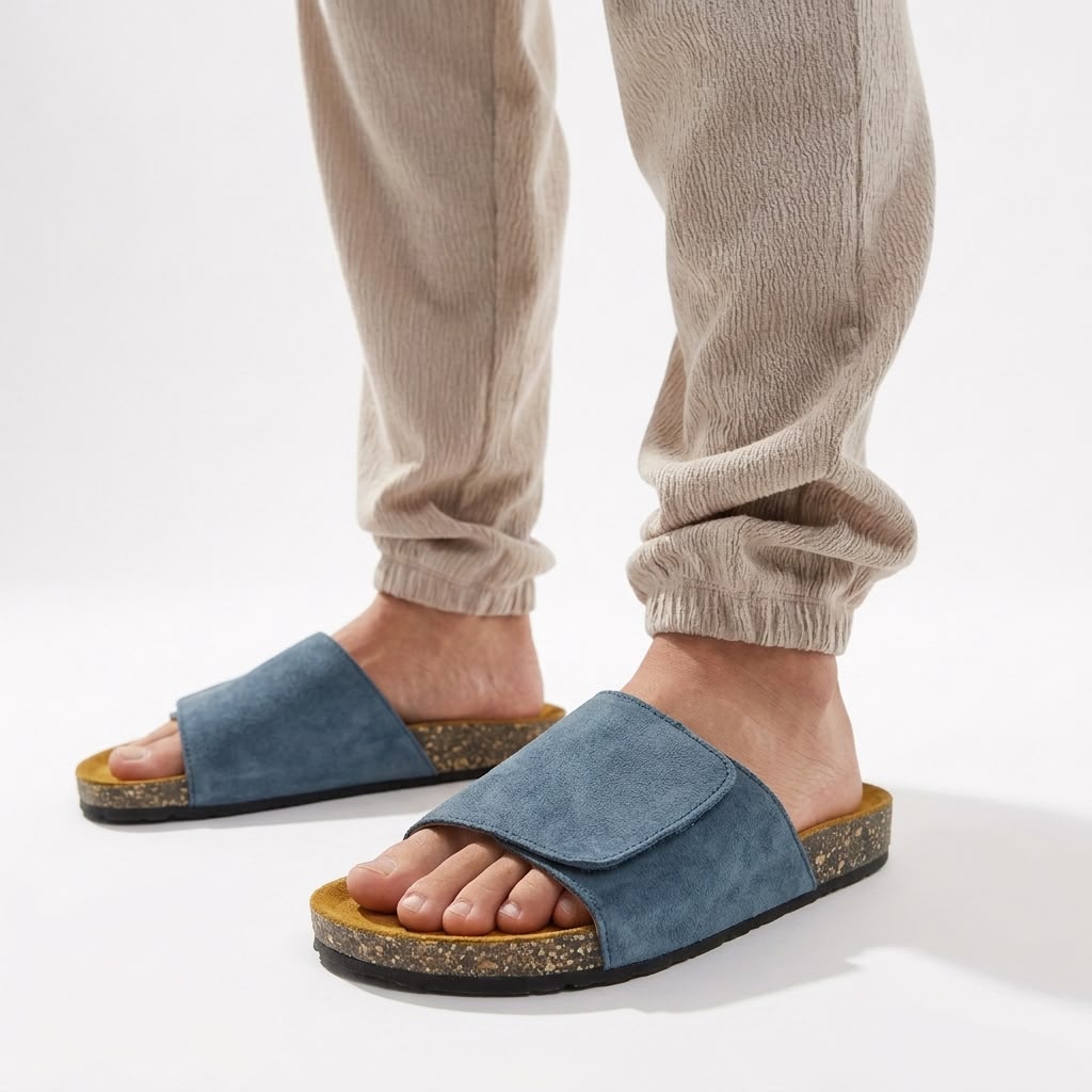 Wide Strap Cork Slides - Blue
