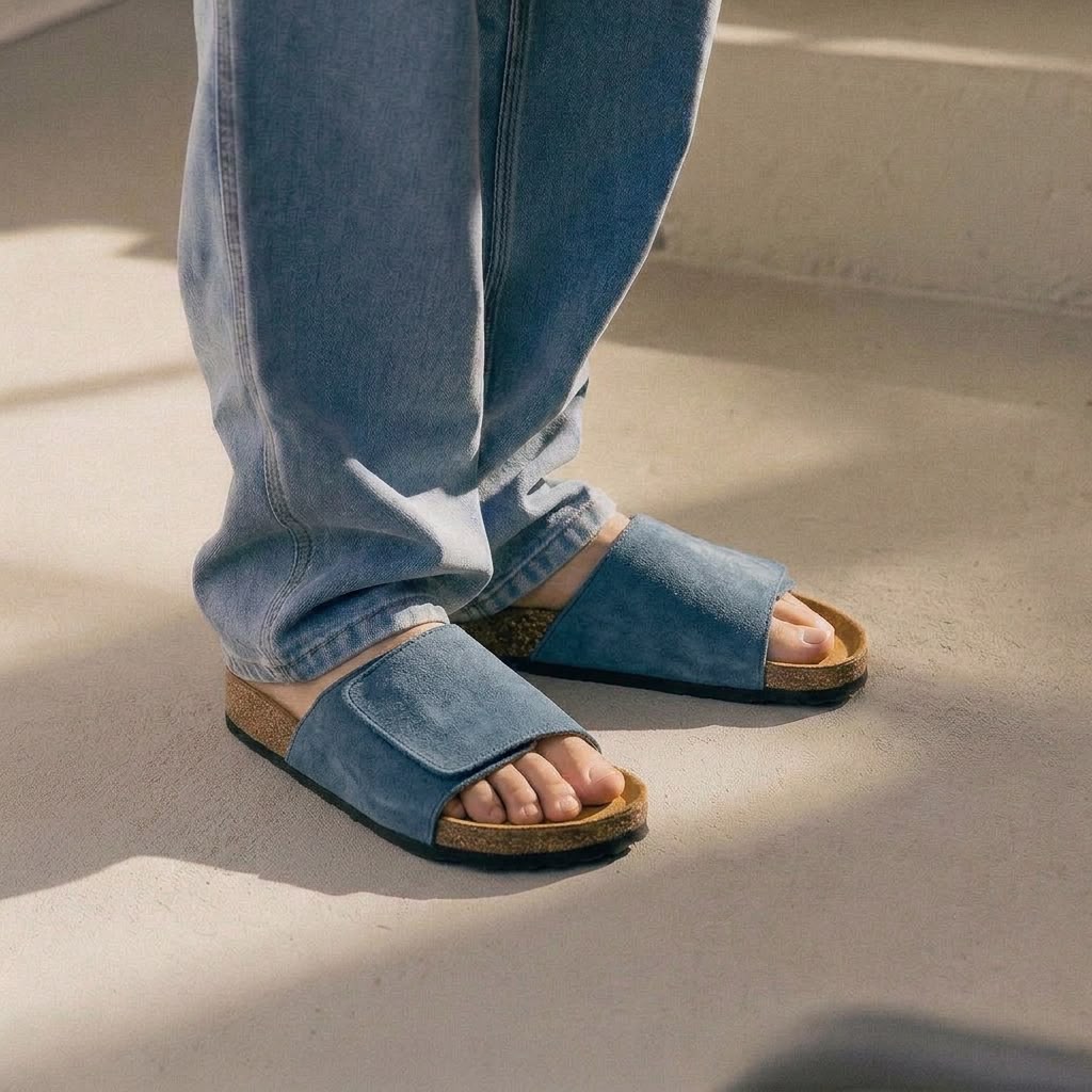 Wide Strap Cork Slides - Blue