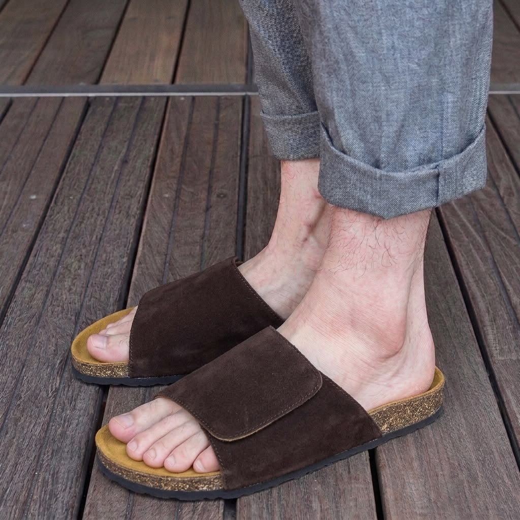 Wide Strap Cork Slides - Brown