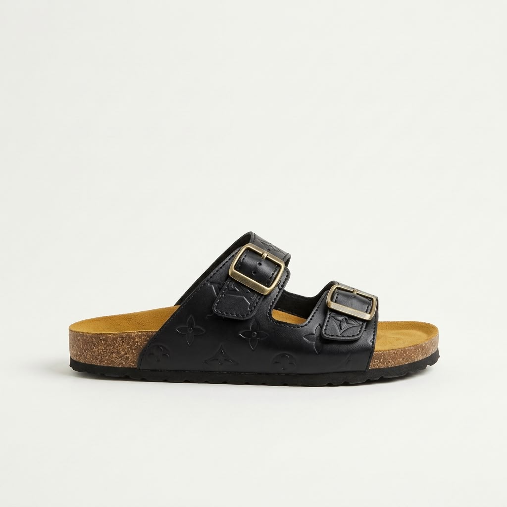 Leather Buckle Slides - Black