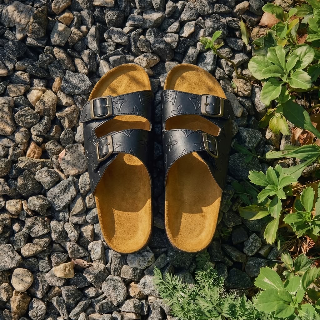Leather Buckle Slides - Black