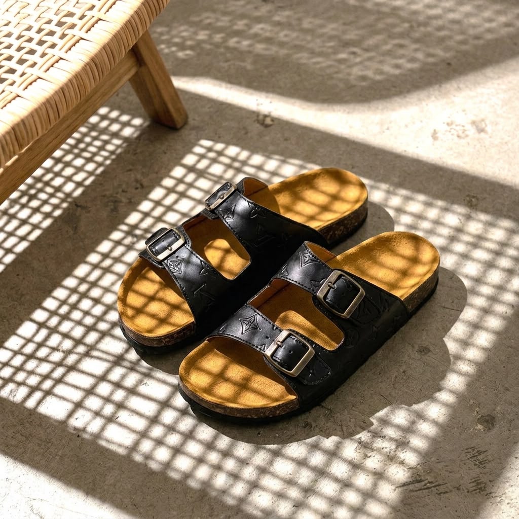 Leather Buckle Slides - Black