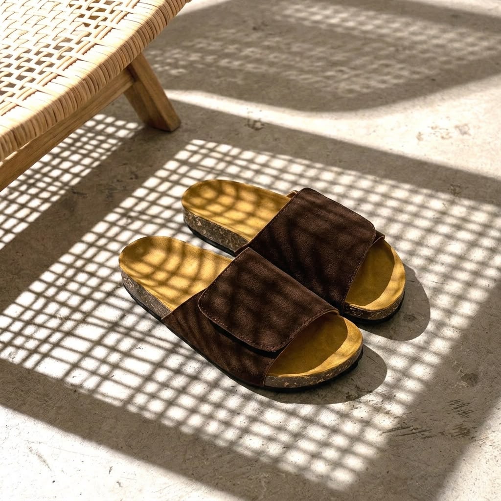 Wide Strap Cork Slides - Brown
