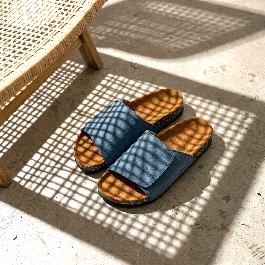 Wide Strap Cork Slides - Blue