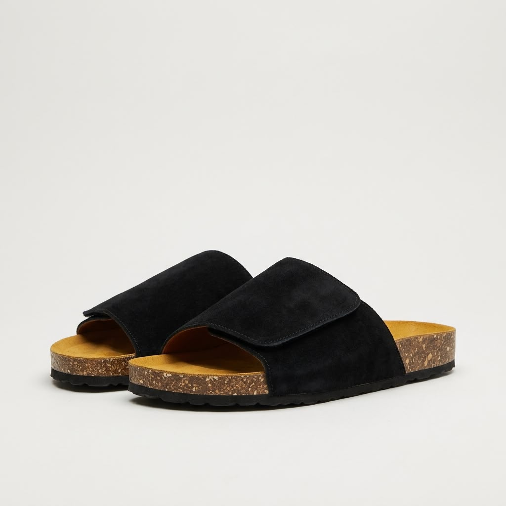 Wide Strap Cork Slides - Black
