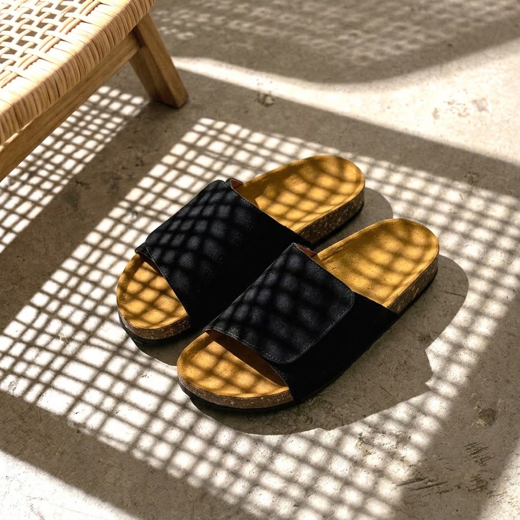 Wide Strap Cork Slides - Black