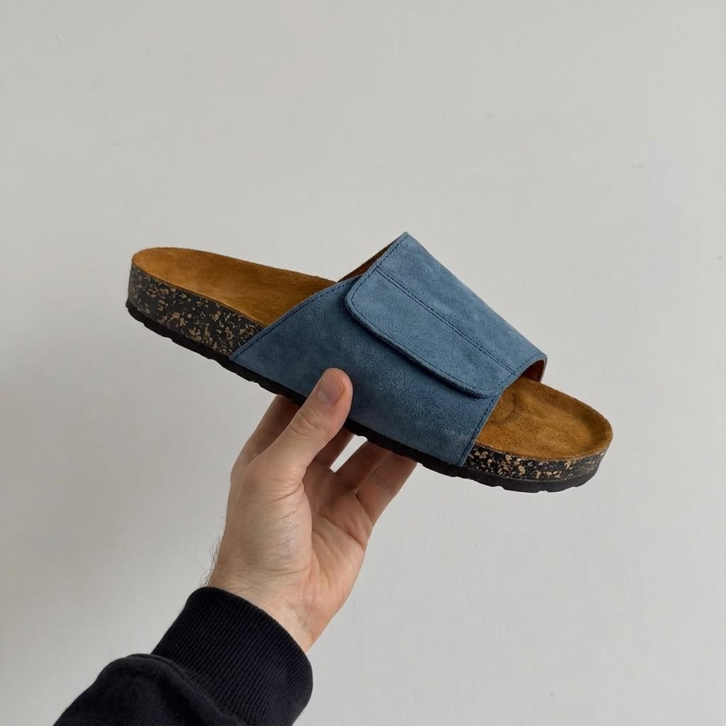 Wide Strap Cork Slides - Blue