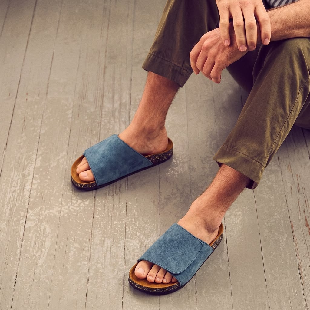 Wide Strap Cork Slides - Blue