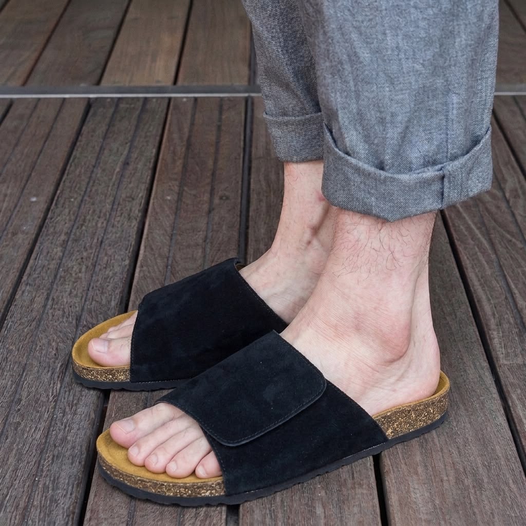 Wide Strap Cork Slides - Black