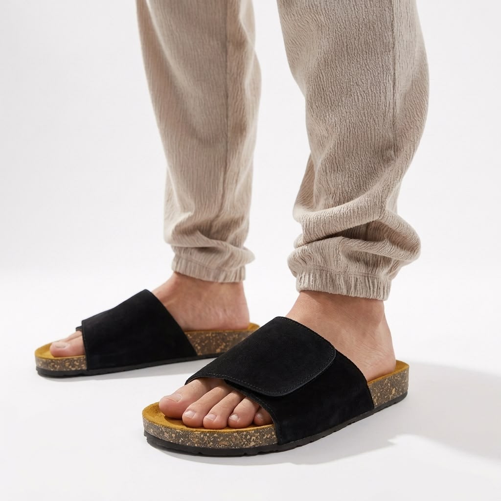 Wide Strap Cork Slides - Black