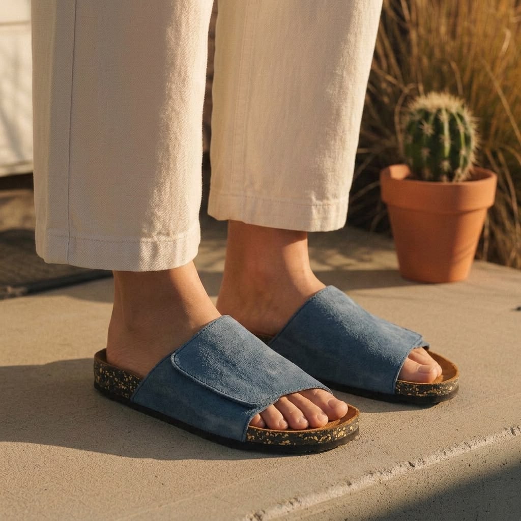Wide Strap Cork Slides - Blue